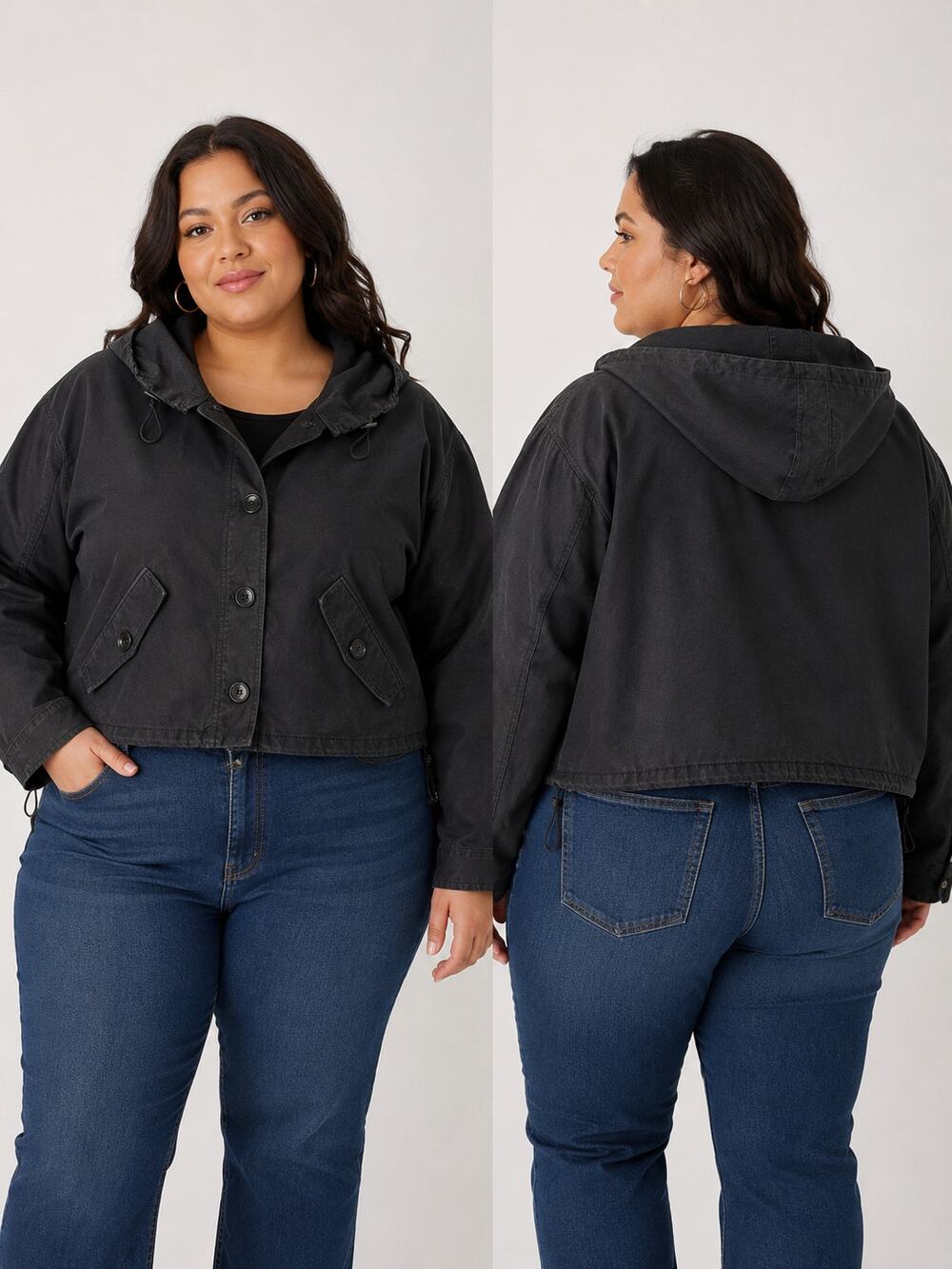 Black Cropped 100% Cotton Denim Jacket Women’s Hooded Button Front Coat